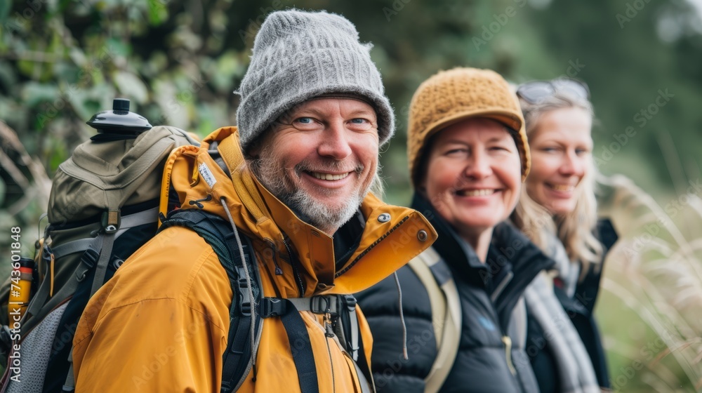 Group of elderly hikers friends, with outdoor gear and wide-brimmed hats, beam with happiness on a forest trail, capturing the essence of active senior living and nature appreciation, senior lifestyle