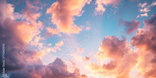 A panoramic view of a dreamlike sky with fluffy clouds tinged with pink and orange hues, illuminated by the soft, radiant light of a setting or rising sun.