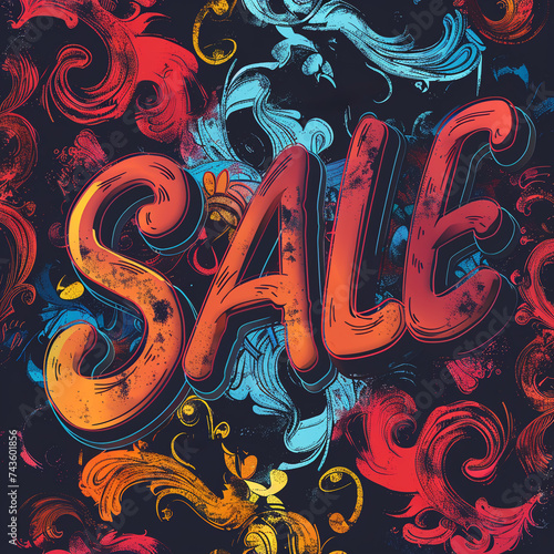 the word sale in red on a background of multi-colored monograms