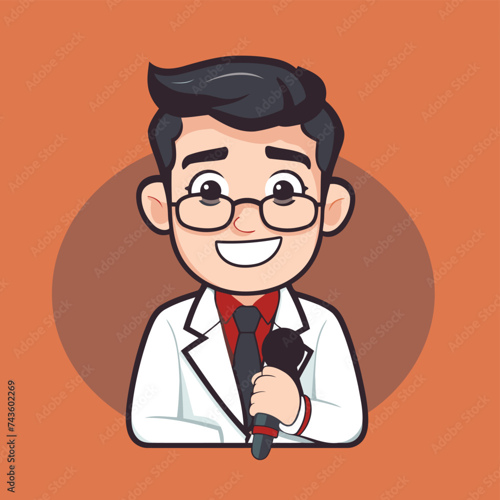 Cartoon doctor holding a microphone. Vector illustration in a flat style