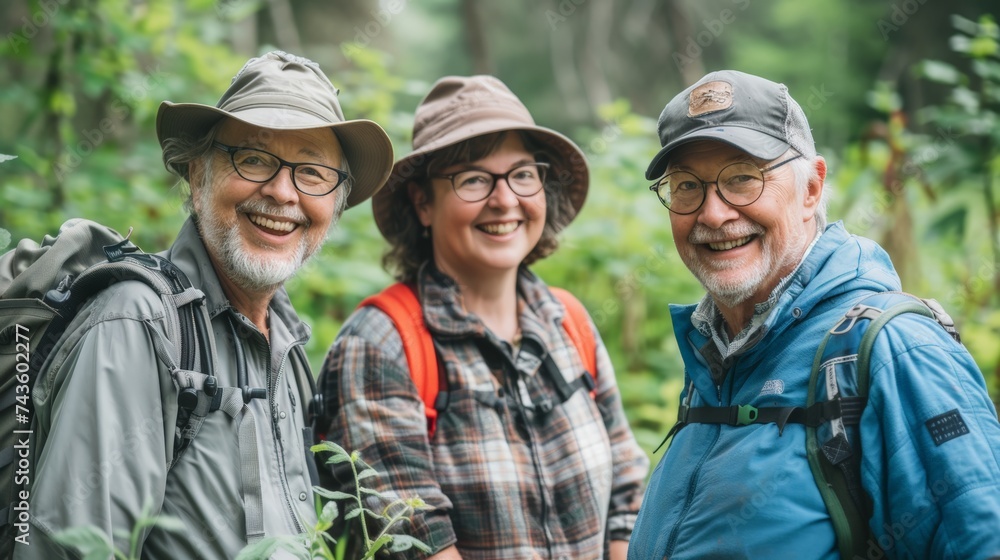 Group of elderly hikers friends, with outdoor gear and wide-brimmed hats, beam with happiness on a forest trail, capturing the essence of active senior living and nature appreciation, senior lifestyle