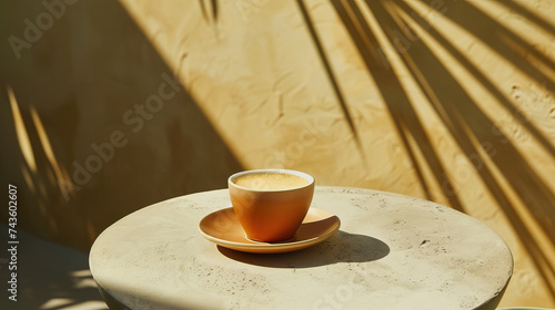 Vegan plant-based oat flat white cup of coffee in modern contemporary minimalist trendy stylish cafe setting with stucco concrete wall, product photography, outdoors, sunny, bright, shadow play