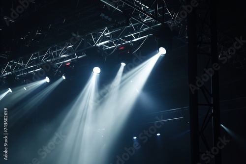 Intense stage lights beaming from a metal truss structure in a dark concert setting, creating a dramatic and powerful atmosphere. photo