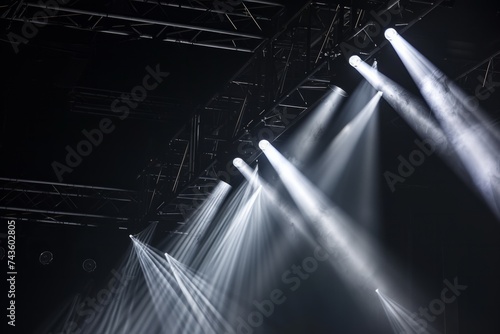 Intense stage lights beaming from a metal truss structure in a dark concert setting, creating a dramatic and powerful atmosphere.