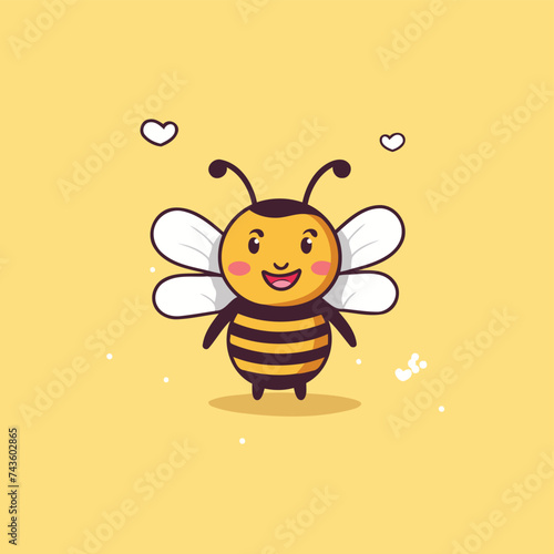 Cute cartoon bee in love. Vector illustration isolated on yellow background.