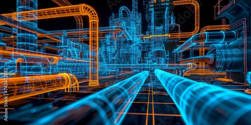 A holographic projection of an industrial plant design, with intricate piping and machinery, glowing in neon blue and orange against a dark background.
