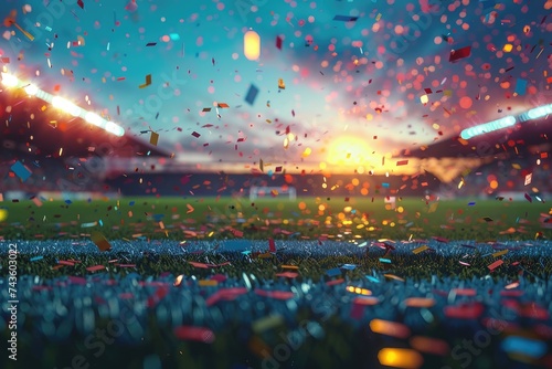 Football stadium with confetti as the backdrop at its best moments. Generative Ai.