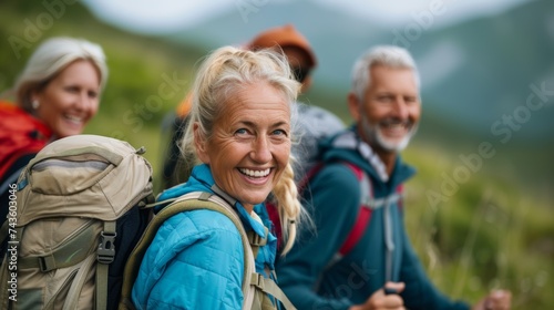 Group of elderly hikers friends, looking camera with happiness on forest trail, backpacks and hiking attire celebrate retirement of golden year through outdoors activity, senior health care lifestyle