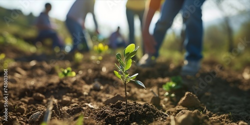 Young saplings planted in soil with people actively engaging in reforestation in the background, symbolizing growth and environmental care.