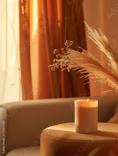 Burning candle on table in room, closeup.  photo