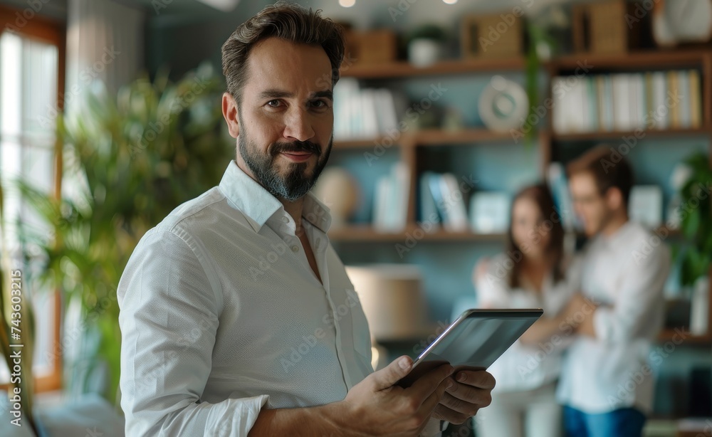 Elegant male real estate agent using tablet looking at the camera, in the background a couple looks at the apartment. Elegant male real estate agent using tablet looking at the camera, in the background a couple looks at the apartment.