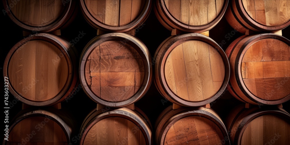 Stacked wooden barrels in a cellar, creating a pattern with the warm ambient lighting accentuating the texture of the wood.