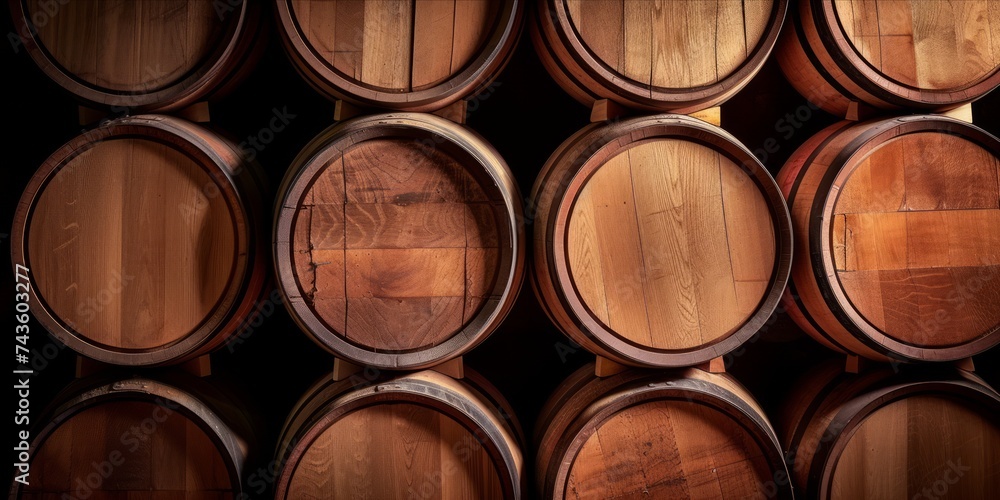 Stacked wooden barrels in a cellar, creating a pattern with the warm ambient lighting accentuating the texture of the wood. Stacked wooden barrels in a cellar, creating a pattern with the warm ambient lighting accentuating the texture of the wood.