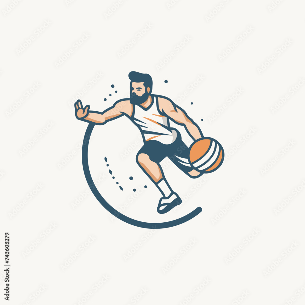 Basketball player with ball in hand. Vector illustration in retro style