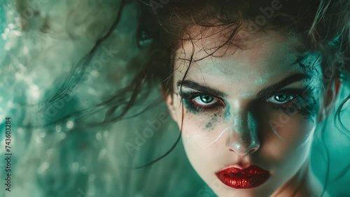 A closeup of a woman with exaggerated makeup and a expression embodying a histrionic personality disorder, female With Dark Makeup and Red Lips