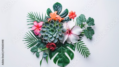 Rosette of succulent and tropical flowers and leaves in a floral arrangement isolated on white background. Flat lay. Top view  generative ai