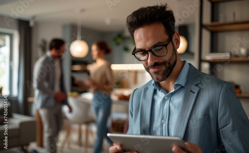Man real estate agent with a welcoming smile holds a digital tablet, visiting an apartment for sale or for rent.
