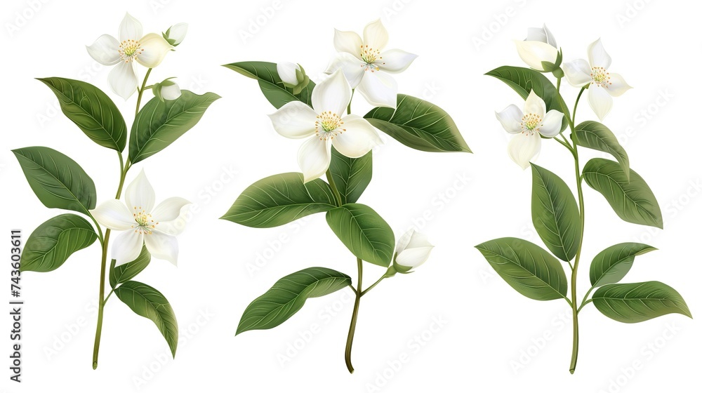 set of jasmin branches with flowers isolated on white background, generative ai - obrazy, fototapety, plakaty 