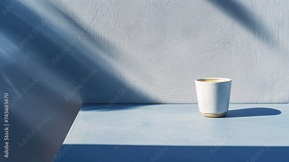 Vegan plant-based oat cappuccino cup of coffee in modern minimalist trendy stylish cafe setting with dark blue stucco concrete wall, product photography, outdoors, sunny, bright, shadow play - obrazy, fototapety, plakaty 
