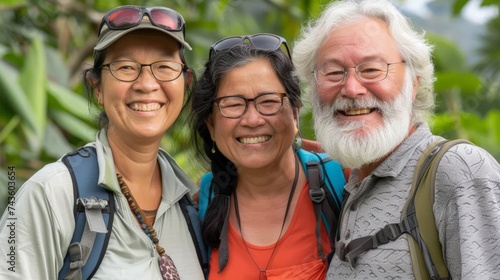 Group of elderly hikers friends  looking camera with happiness on forest trail  backpacks and hiking attire celebrate retirement of golden year through outdoors activity  senior health care lifestyle