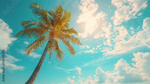Palm tree on tropical beach with blue sky and white clouds abstract background. Copy space of summer vacation and business travel concept © INK ART BACKGROUND