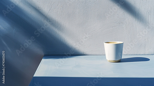 Vegan plant-based oat cappuccino cup of coffee in modern minimalist trendy stylish cafe setting with dark blue stucco concrete wall, product photography, outdoors, sunny, bright, shadow play