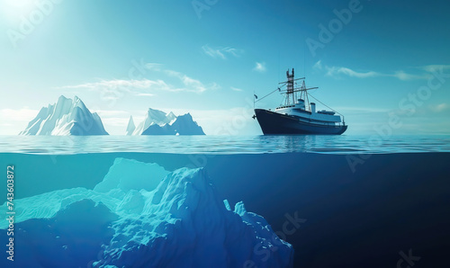 Polar exploratory ship conducting bathymetry and generating seabed maps using sonar technology. Seabed scans and mapping, underwater scanning, ocean topography, maritime and marine science