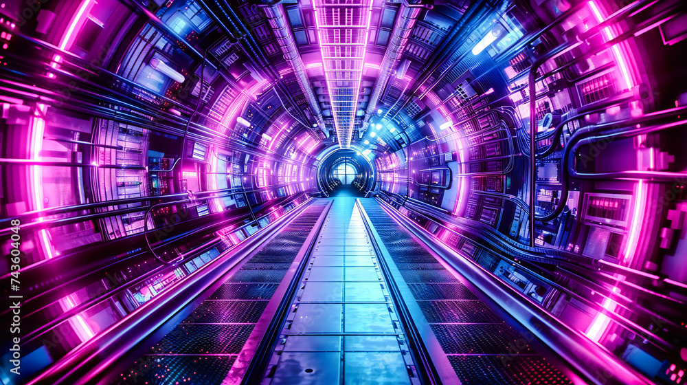 Blue Futuristic Tunnel, High-Speed Movement and Technology Concept, Abstract Design with Neon Lighting