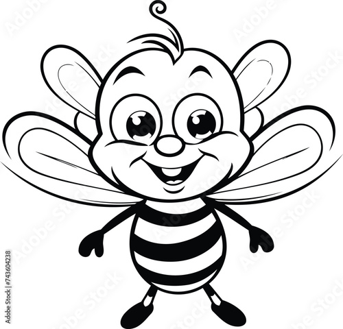 Black and White Cartoon Illustration of Cute Bee Animal Character for Coloring Book