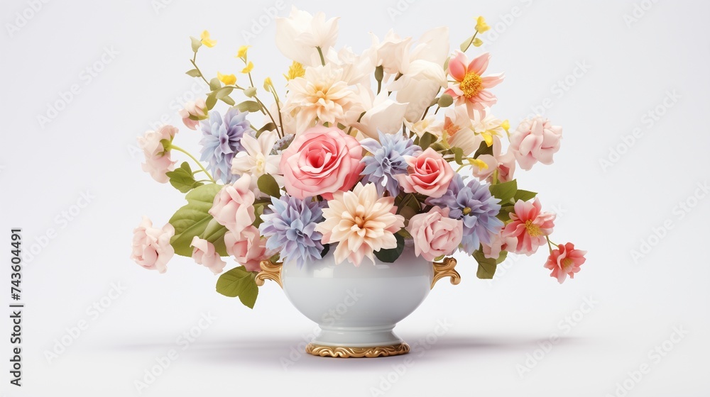 A visually enchanting image features a beautifully arranged bouquet of flowers showcased in an elegant vase against a pristine white background 