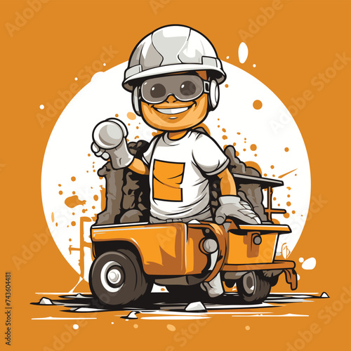 Cartoon miner with a pick-up truck. Vector illustration.