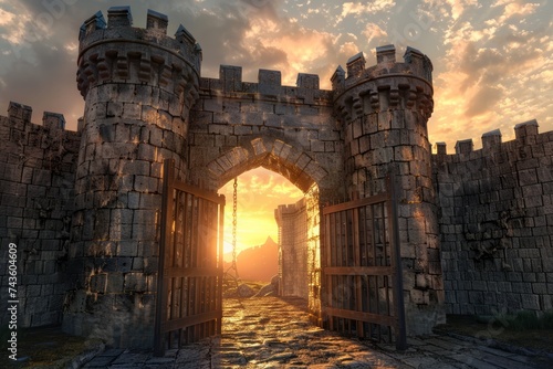 The entrance of a medieval castle at sunset, with the gate open, inviting entry into a world of historical fantasy. photo