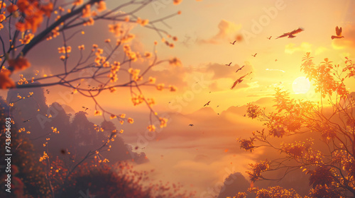 A serene sunrise scene adorned with radiant golden.
