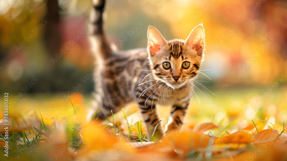A small Bengal kitten with green eyes strolls.