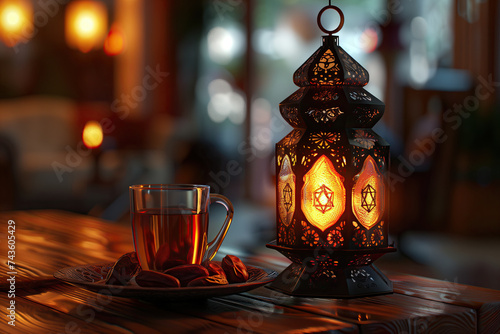 arabic lantern on a wooden table with dates on plate and glass of tea. ramadan kareem holiday celebration concept