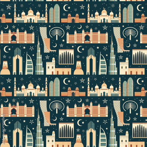 Obraz na płótnie UAE Architectural Symbols and Landmarks Pattern w salonie