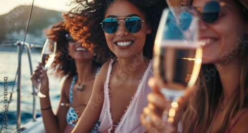 Friends toasting with champagne on a yacht at sunset, capturing the essence of summer luxury. Spirit of summer, relaxation, and high-end leisure activities.