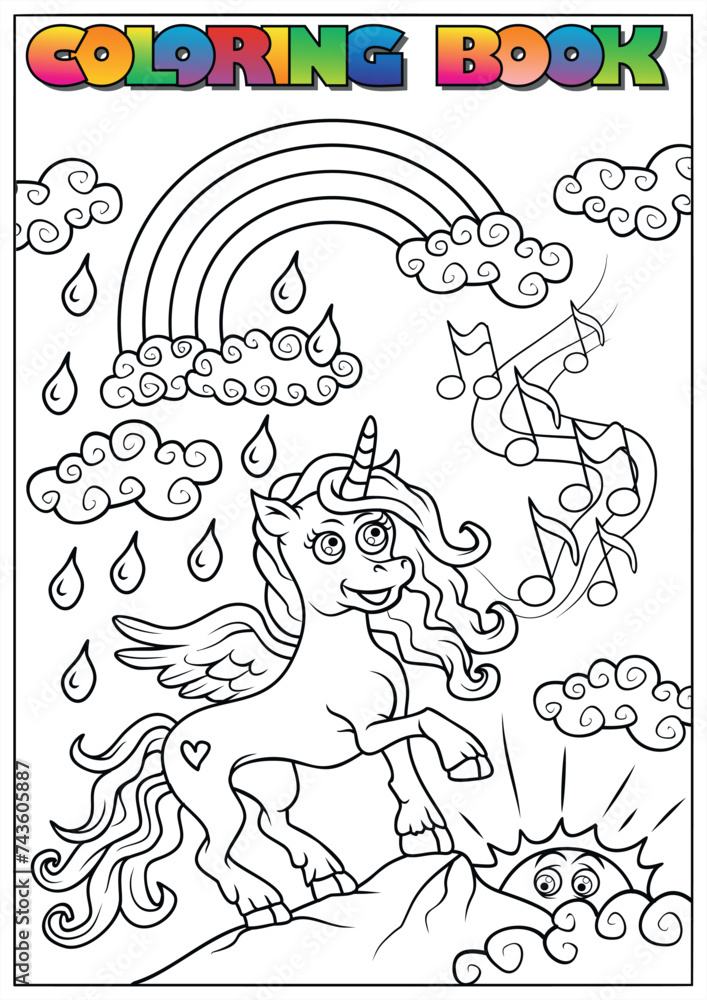 coloring book for children - a unicorn walking in the clouds with the sun and rainbow in the background