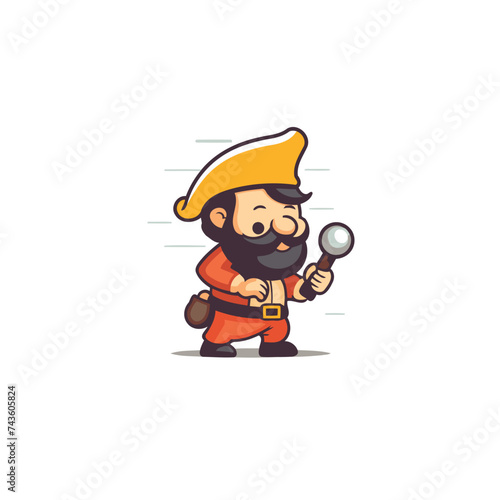 Cute cartoon gnome with a magnifying glass. Vector illustration