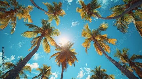 Blue sky and palm trees view from below, vintage style, tropical beach and summer background, travel concept