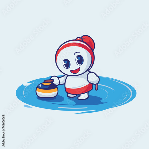 Cartoon snowman in winter clothes on ice. Vector illustration.