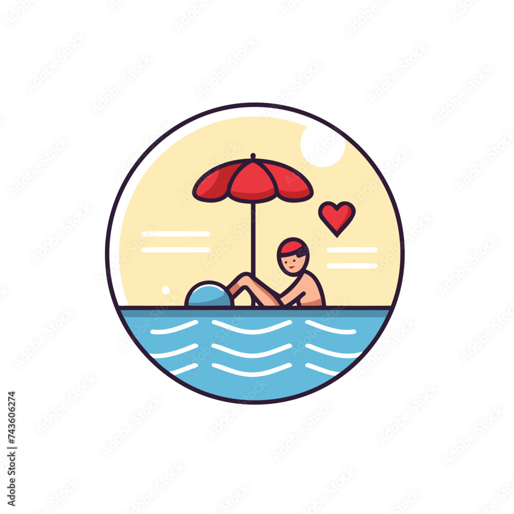 Vector illustration in flat linear style. Man in love with umbrella on the beach.