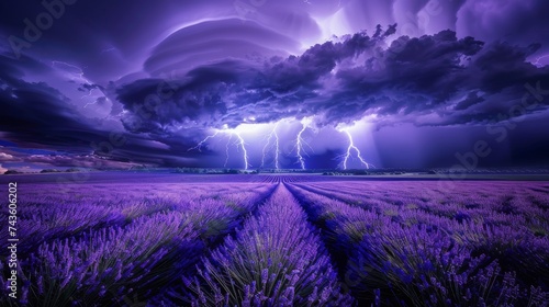 A dramatic electric storm illuminates the night sky with intense lightning bolts above the serene lavender fields in full bloom.