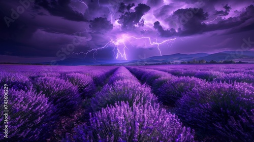 Lightning forks through a twilight sky, casting an otherworldly glow on the sprawling purple lavender fields below.