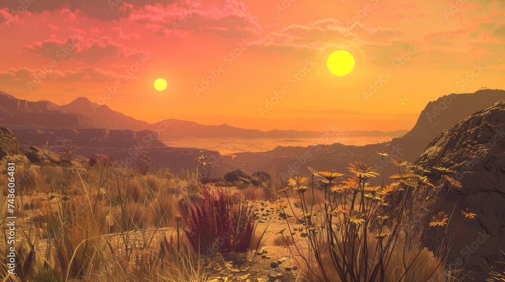 A science fiction scene unfolds as twin suns set over a vibrant alien desert, casting a warm glow on an exotic and unexplored terrain. A science fiction scene unfolds as twin suns set over a vibrant alien desert, casting a warm glow on an exotic and unexplored terrain.