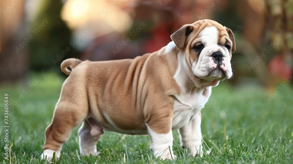 A young English Bulldog standing on the lawn.