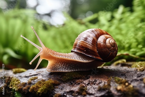 Snail with brown striped shell crawling on the forest ground. Ai Generative © ArtmediaworX