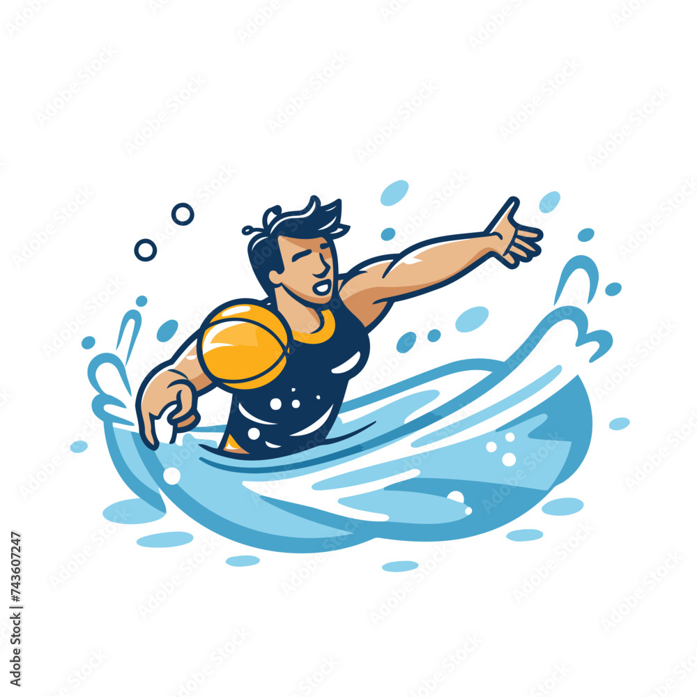Water polo player on the wave. Vector illustration on white background.