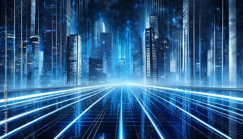 Modern city night skyline with skyscrapers. Abstract background with blue tone, with horizontal light stripes and urban environment reflections. Banner header image.