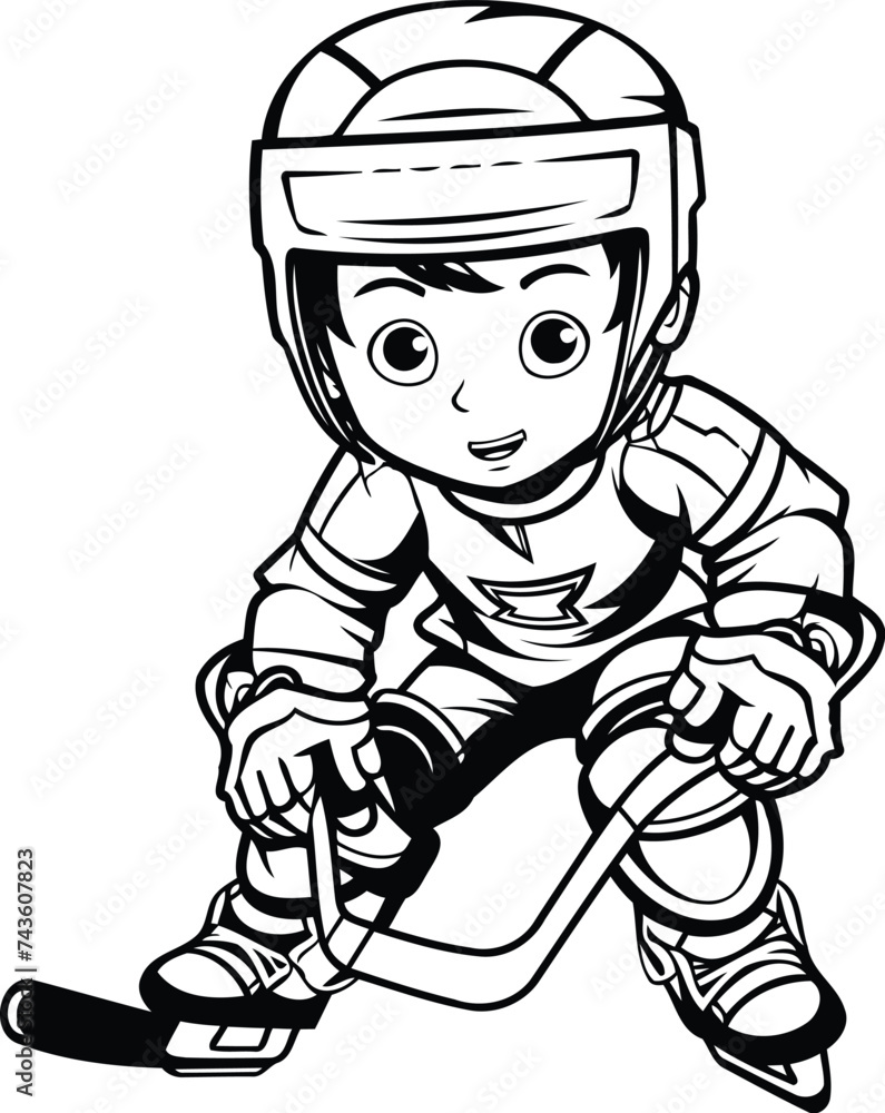 Ice hockey player with helmet and skates. black and white vector illustration